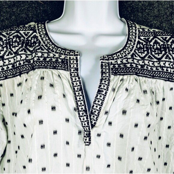 Liz Claiborne Top Women's PXL Poof Embroider Cotton White Black Popover Boho Hip - Picture 2 of 12